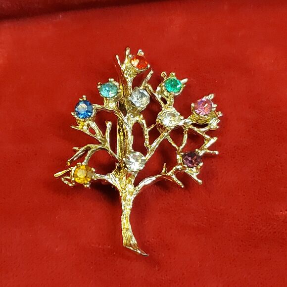 Vintage Tree of Life Family Tree Brooch Pin Costume Goldtone Rhinestones 2" - Picture 5 of 5